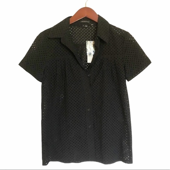 THEORY NWT Eyelet Shama Button Front Top in Black - Picture 1 of 14